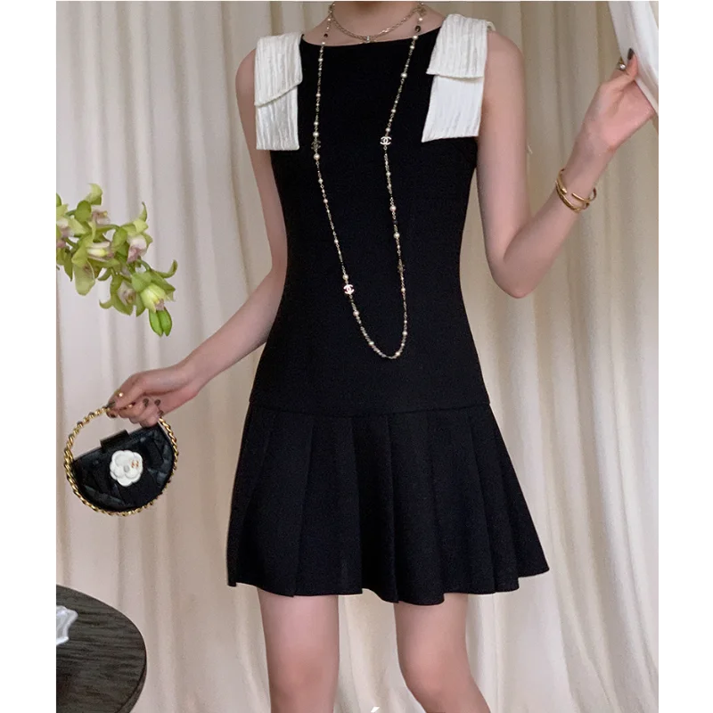 

Women Spring Summer Sleeveless High Waist Black Light Tweed Dress French Contrast Bow Sweet Small Fragrant Pleated Dress Female