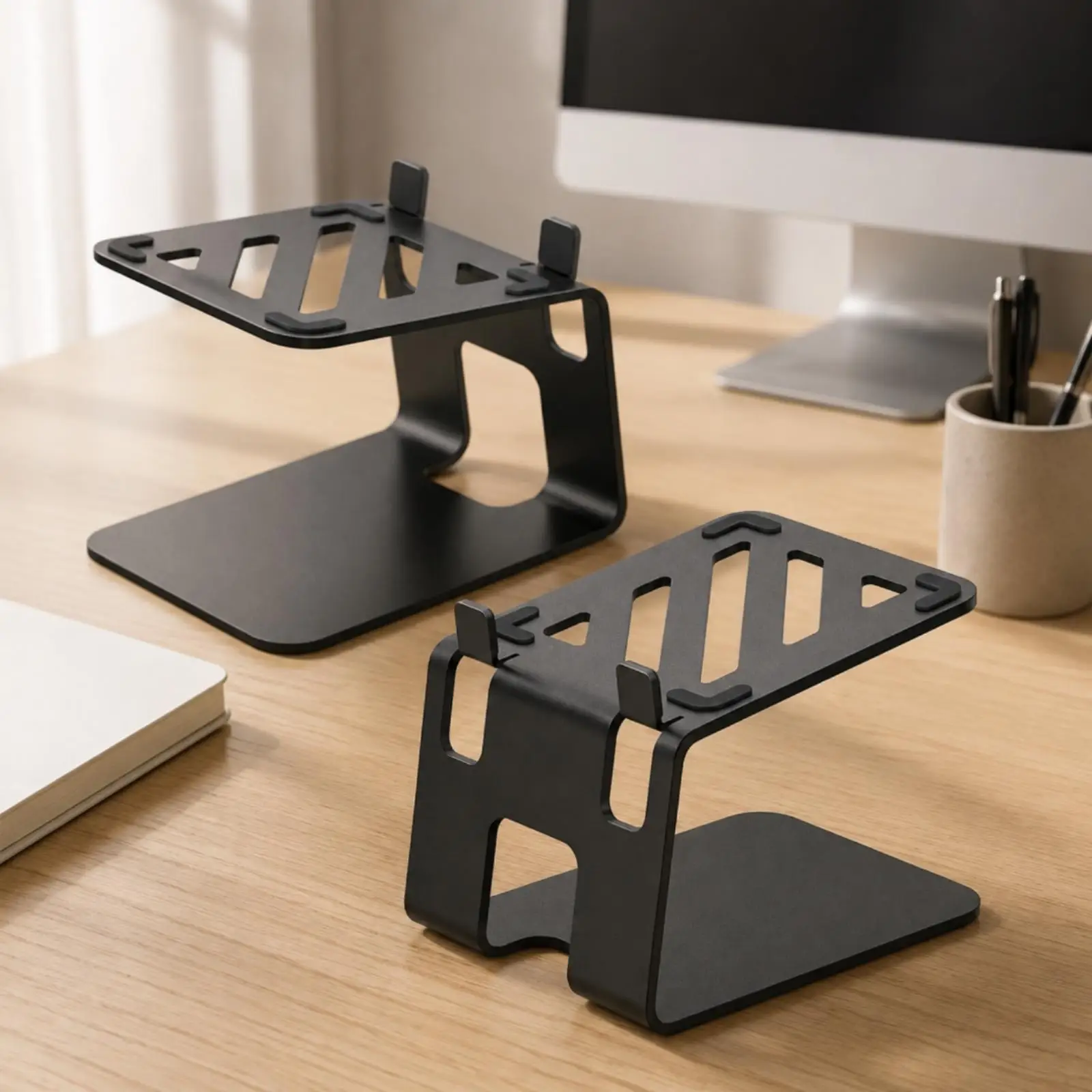Compact Desktop Speaker Mount for Bookshelf Speakers with Matte Finish and Airflow Promotion Design