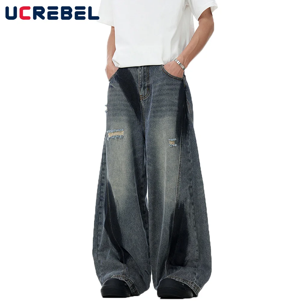 

Graffiti Spliced Denim Pants Mens Ripped High Street Loose Wide Leg Washed Distressed Baggy Jeans Men