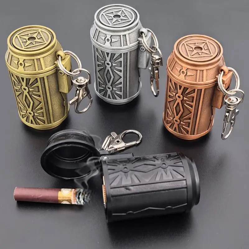 Metal Ashtray Car Debris Tray with Lid, Pocket Canister and Keychain Clip, Textured Ashes Container for Daily Commute Use