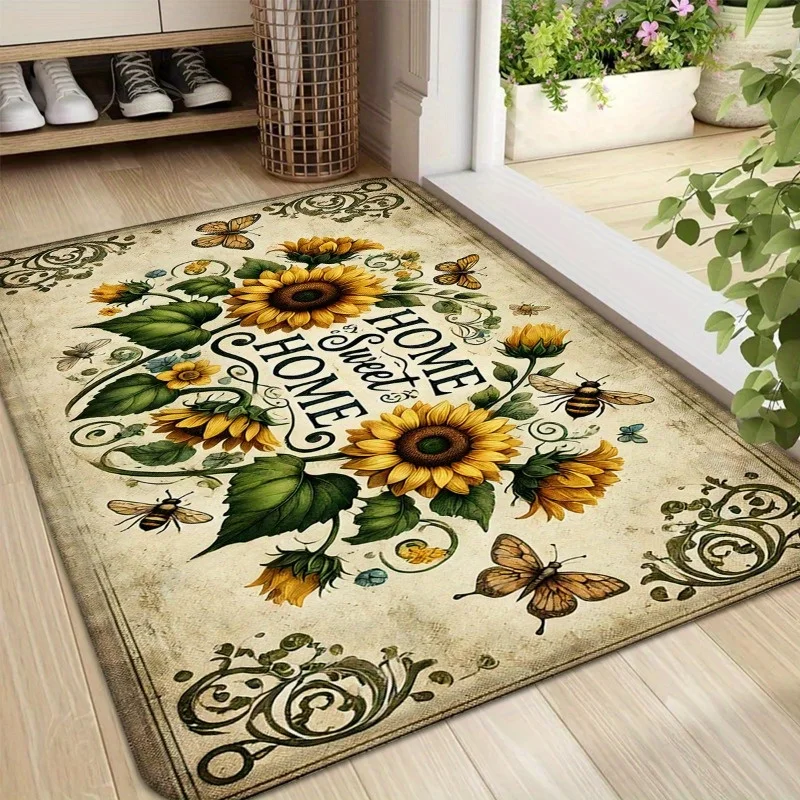 VIKAMA Vintage Sunflower Home Sweet Home Print Doormat, Non-Slip Floor Mat for Entryway Farmhouse Home Decoration
