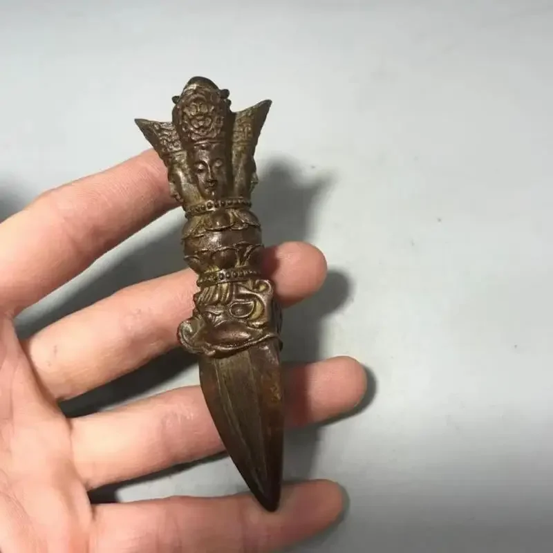 3.7 Inches Antique Tibetan Brass Hand Made 4Faces Ritual Implement