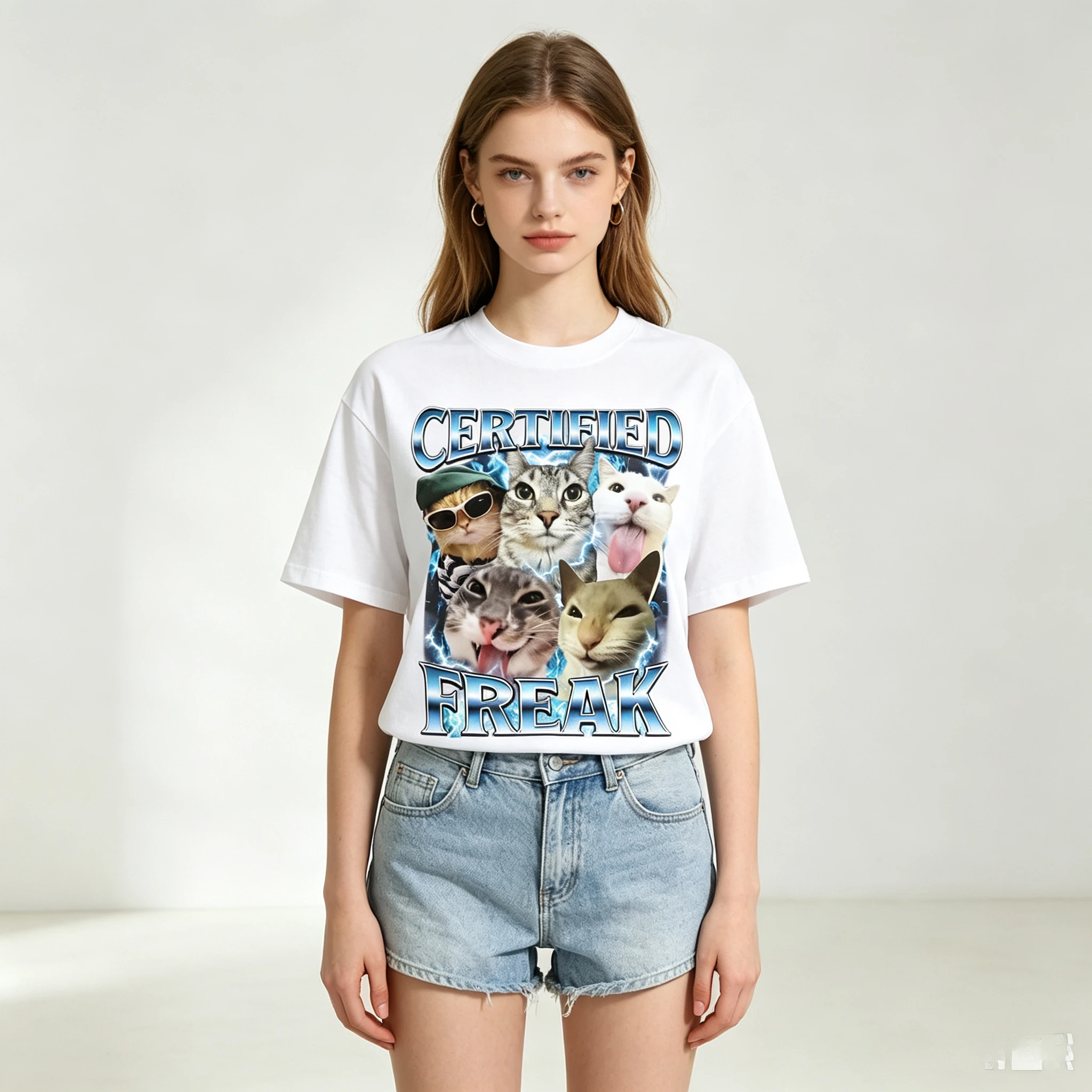 Certified Freak Cat Graphic T-Shirt Women Summer Simple Versatile Short Sleeve Black White Funny Cat Lover Casual Tee Tops