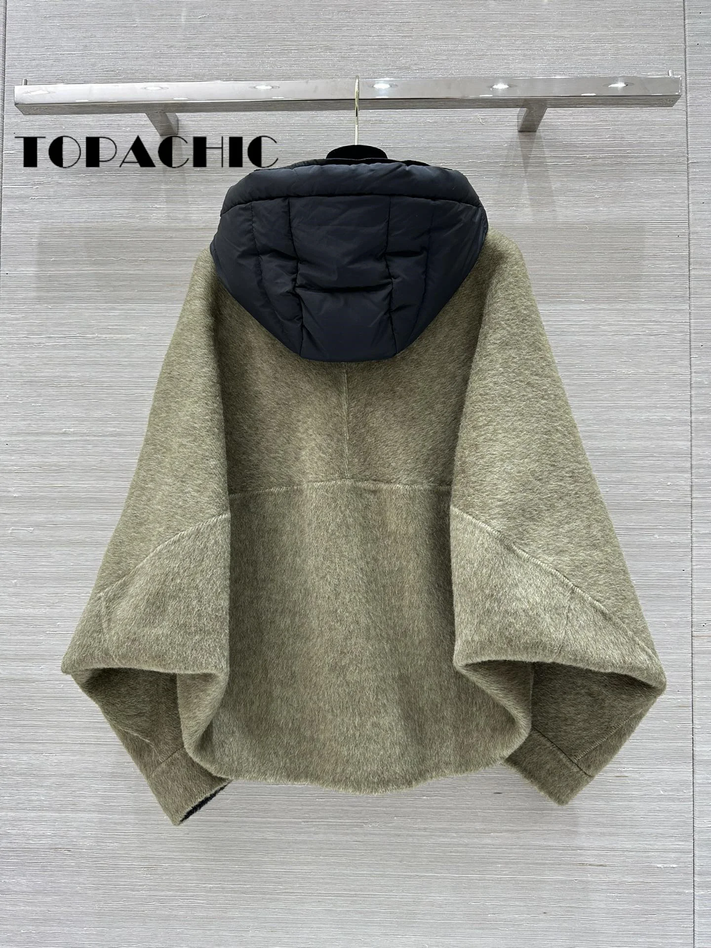 9.25 TOPACHIC-Women Double-Sided Short Capes Coat Fashion Keep Warm Down Ribbon Hooded Spliced Wool Single Breasted Outerwear