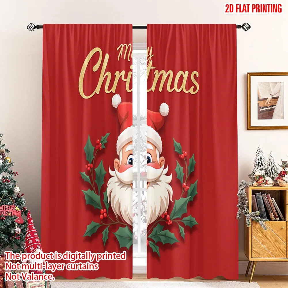 

2pcs 2D flat printing Merry Christmas Popular Window Drapes Vintage Santa Merry Christmas Polyester Fabric Without Electricity