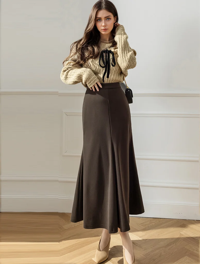 Elegant Fashion Thicken Wool Trumpet Skirt For Women Korean Style Casual Slim Office OL Winter Mermaid Skirt Long Female