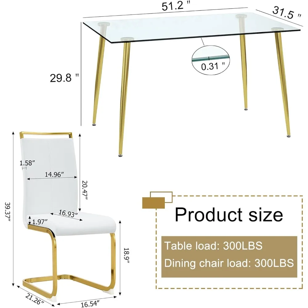 Glass Dining Table Set for 4Modern Kitchen Dining Room Table with 4 PU Leather Chairs,5 Piece Dining Table and Chairs Set