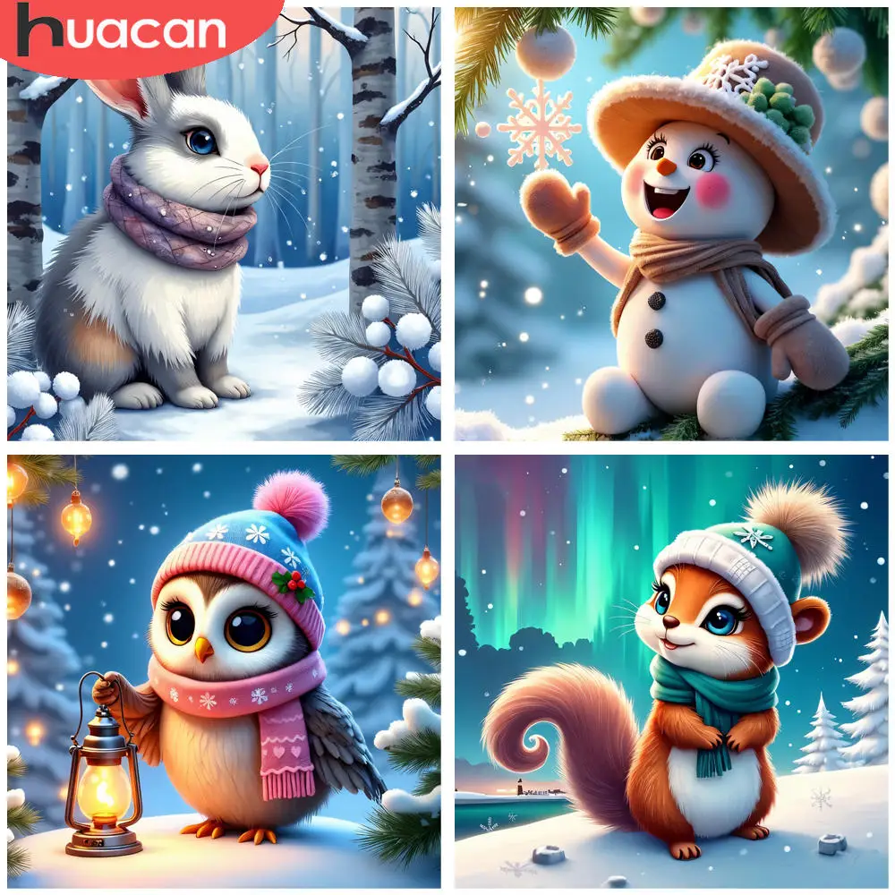 

HUACAN Full Square Round Drill Diamond Painting Art Winter Rabbit in Scarf Forest Scene 5D Diamond Painting Kits Home Decor