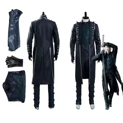 Anime Game DMC 5 Vergil Cosplay Costume Aged Outfits Leather Coat Pants Full Set Fantasia Men Halloween Carnival Disguise Suit