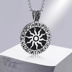 Vnox Viking Rune Necklaces for Men, Stainless Steel Carved Sun Nordic Letters Pendant with Box Chain, Protection Amulet Jewelry