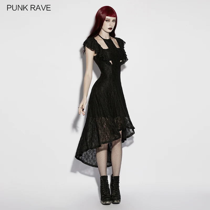 PUNK RAVE Women's Gothic Lace & Knitted Lining Cross Shaped Hollow Flying Sleeve High-low Hem Adjustable Drawstring Long Dresses