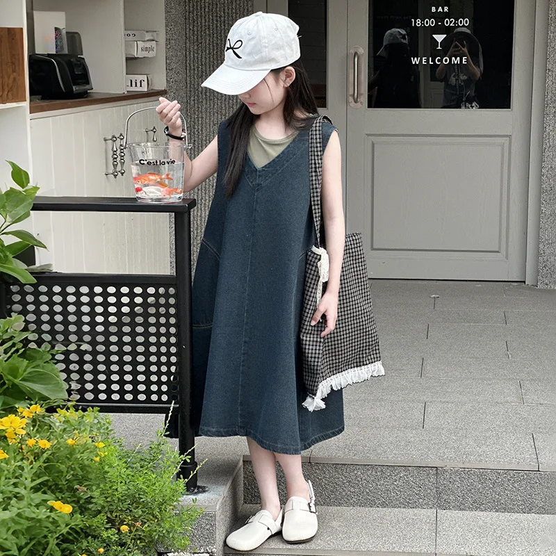 Sommer-Denim-Hosenträgerkleid für Mädchen, 2025, neuer Frühling und Sommer, Kinder-Sommer-Tank-Top-Kleid, einfach und vielseitig