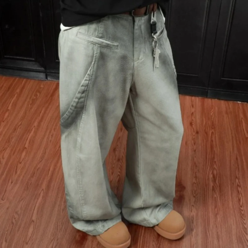 جينز رجالي هاراجوكو أمريكي مفكك قذر مغسول مستقيم الدينيم السراويل خمر ملابس العمل عادية فضفاضة تناسب الشارع الشهير جديد