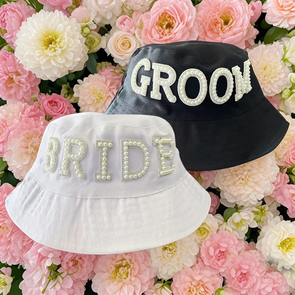

Bride Groom Pearl Letter Fisherman Hat Beach Wedding Bachelorette Party bridal shower decorate Mrs Mr gift Honeymoon Photos Prop