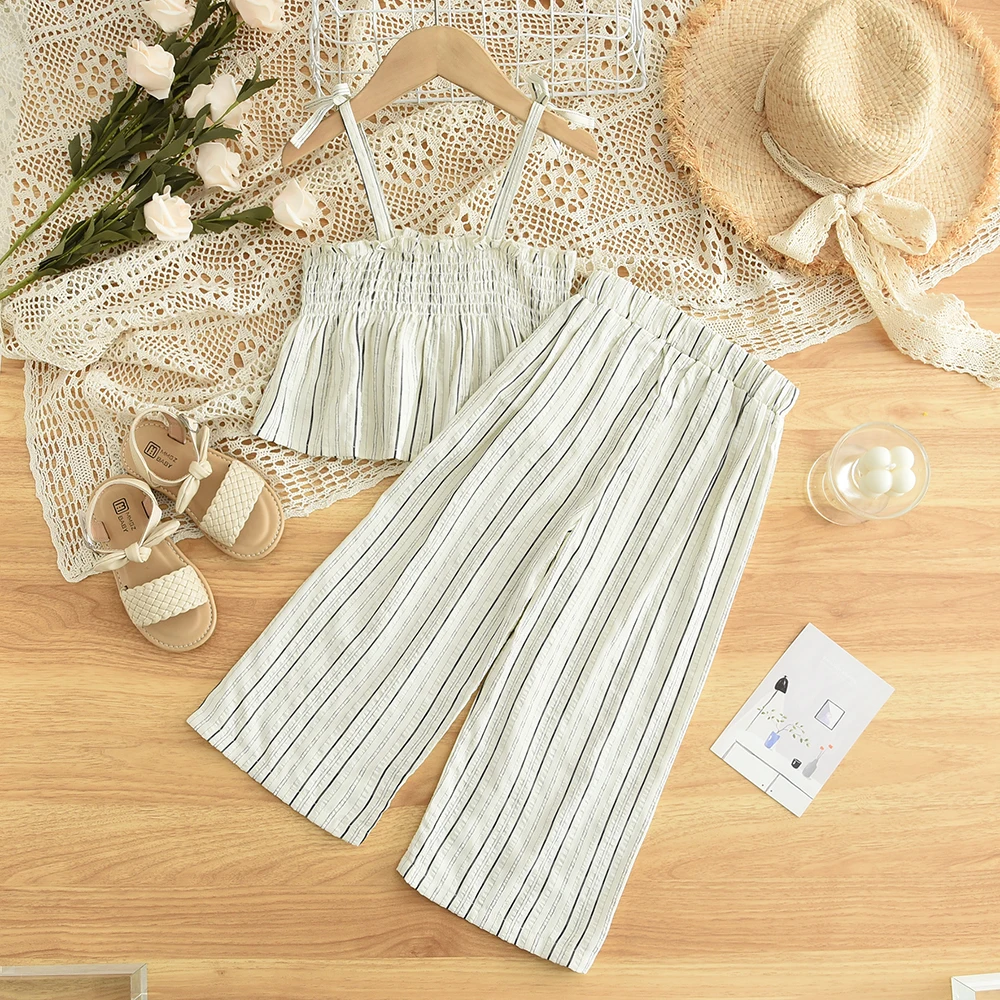 Summer Girls' White Vertical Striped Clothing Summer Camisole Elastic Top+wide Leg Casual Pants Two-piece Set New Kids Clothes