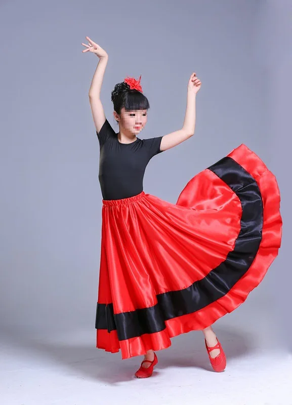 Kid Girls Gypsy Spanish Flamenco Skirt Satin Smooth Big Swing Carnival Party Ballroom Belly Dance Festival Stage Dress