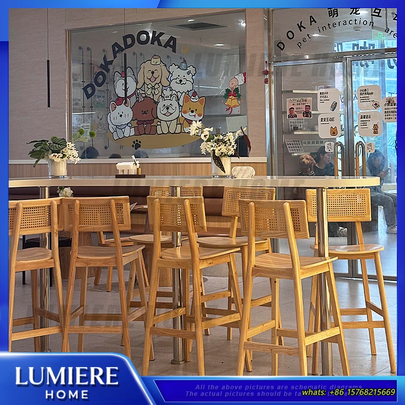 Scandinavian Solid Wood Wicker Bar Stool High Backless Dining Chair for Kitchen Island Cafe Restaurant Home Use Modern Design