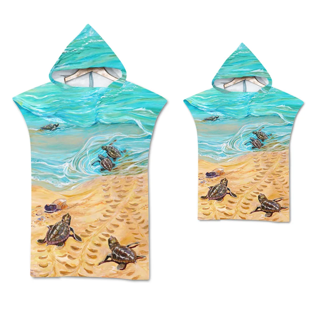 Marine Turtle Hooded Beach Towel Quick Drying Microfiber Parent-child Bath Towels Cloak Bathrobe Clothing Kids Children Adult