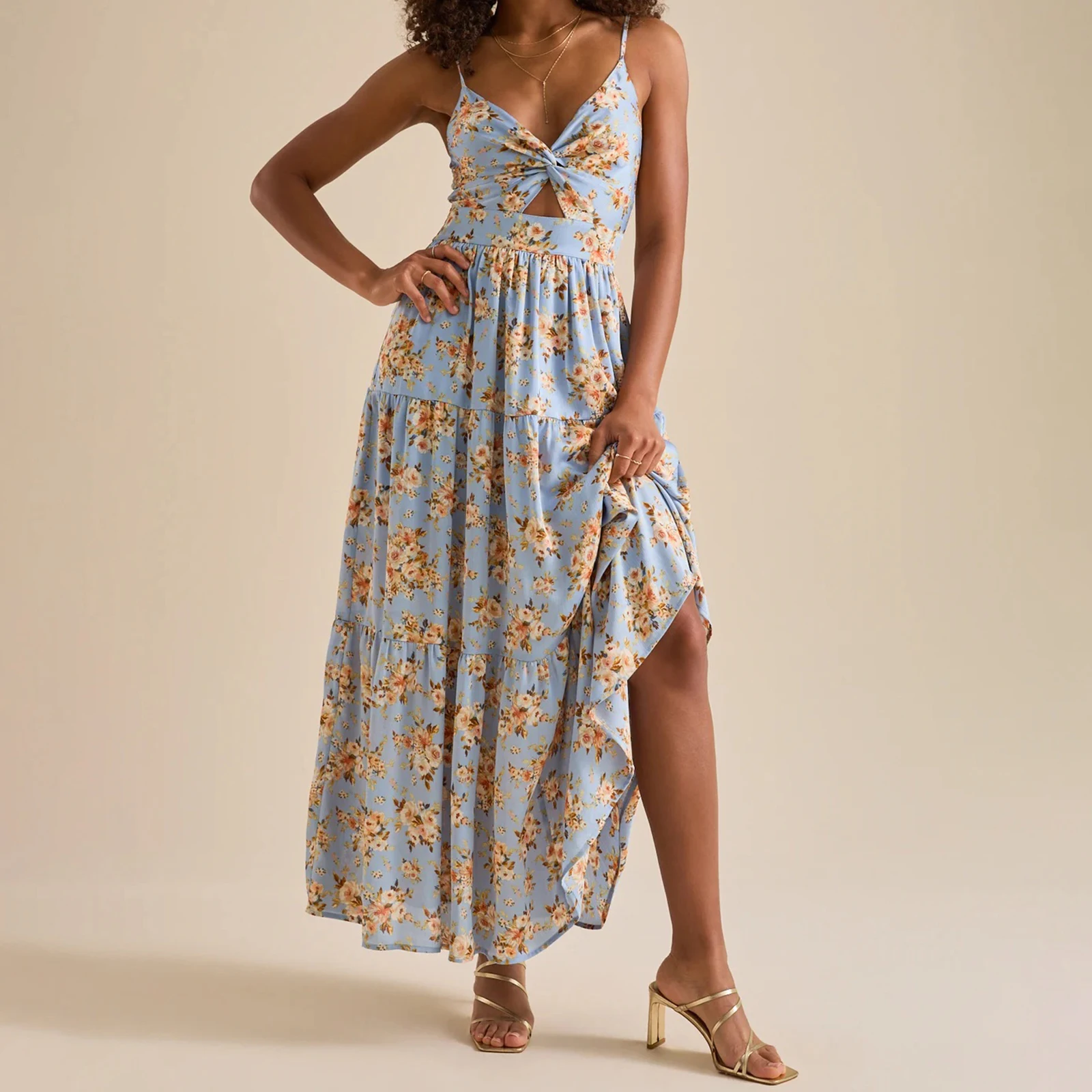 여성 슬립 드레스, 민소매 v 넥 꽃 드레스 칵테일 파티를위한 여름 긴 스윙 드레스