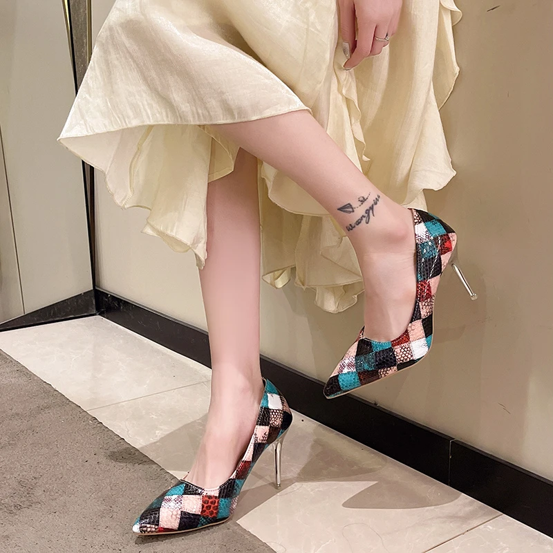 Printing Fashion Plus Size High Heels Black Red Green Color Block Trend Women\'s Shoes Pointed Stiletto Heel Banquet Shoes