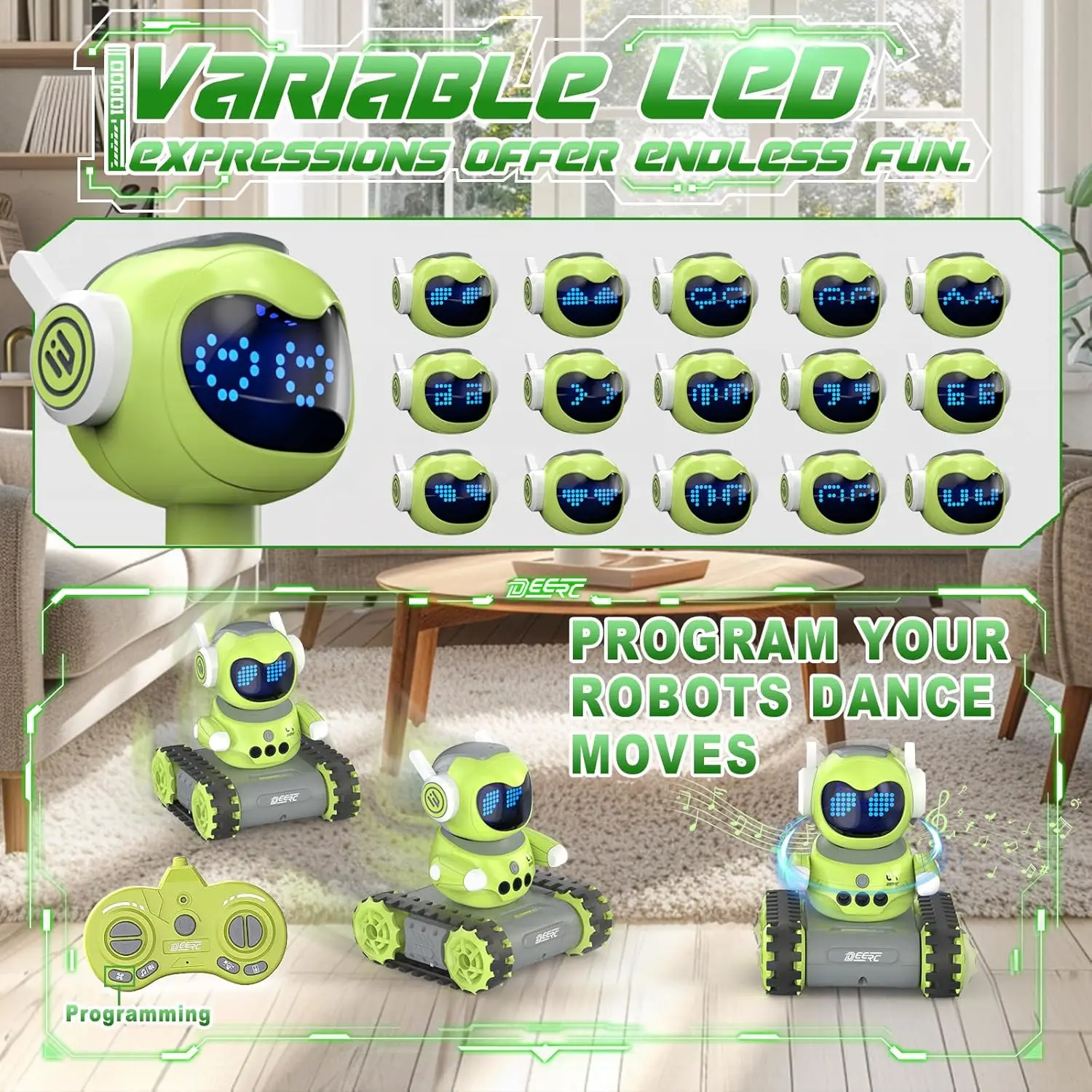 DEERC Emo-Roboter: 5–7 Jahre, Walkie-Talkie, Gestenerkennung, 16 LED-Augen, automatisches Demo, Musik, flexibel, wiederaufladbar, Weihnachts-/Geburtstagsgeschenk