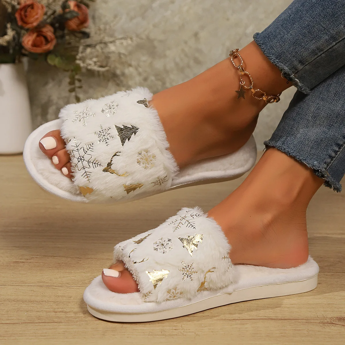 

Christmas Fur Slippers Shoes for Woman Plus Size 44 Soft Plush Peep-toe White Color Party Shoes Girl Indoor Home Floor Slides