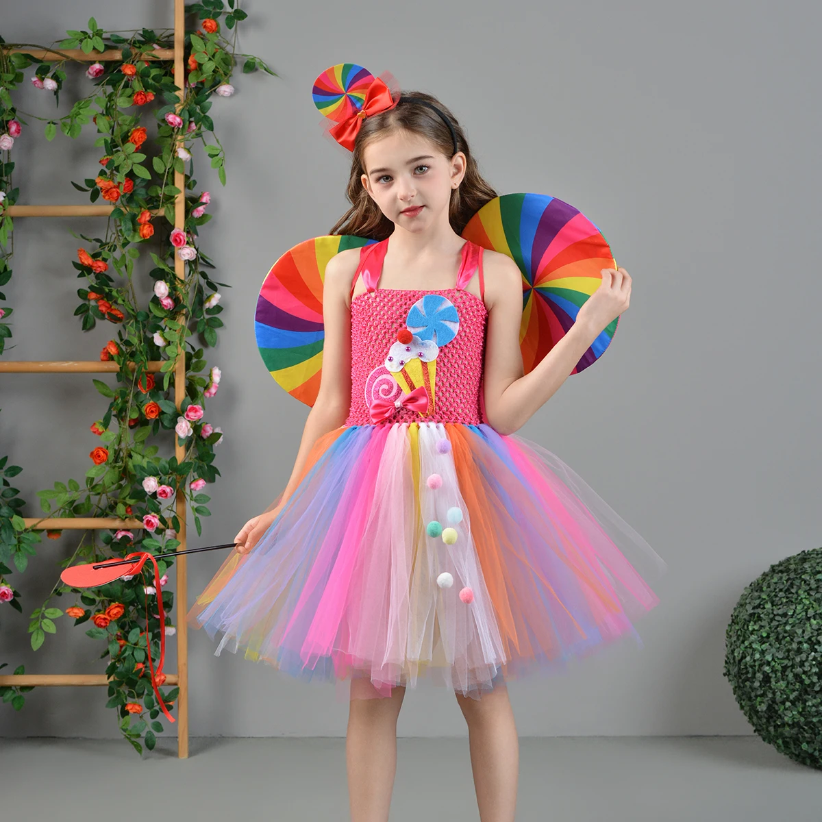 Girls Lollipop Candy Tutu Dress Rainbow Girl Birthday Party Tulle Dress with Wing Set Kids Candyland Carnival Halloween Costume