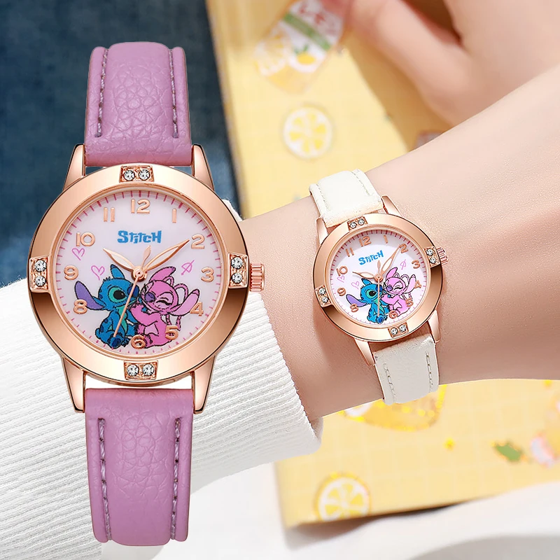 New Cartoon Pattern Stitch Girls Watches Kids Leather Strap Children Watch with Rhinestone Dial reloj stich Exquisite Gift