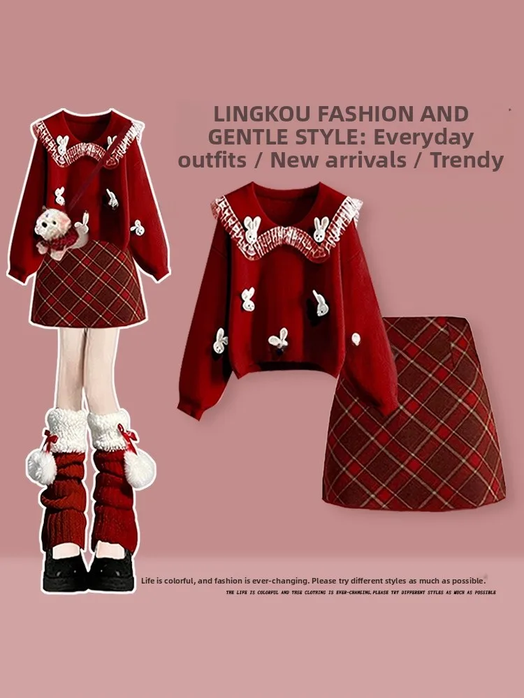 

Autumn Winter College Style Set Women's Cute Christmas Sweater And Slimming Red Plaid Skirt Two Piece Set plus Size Fashion