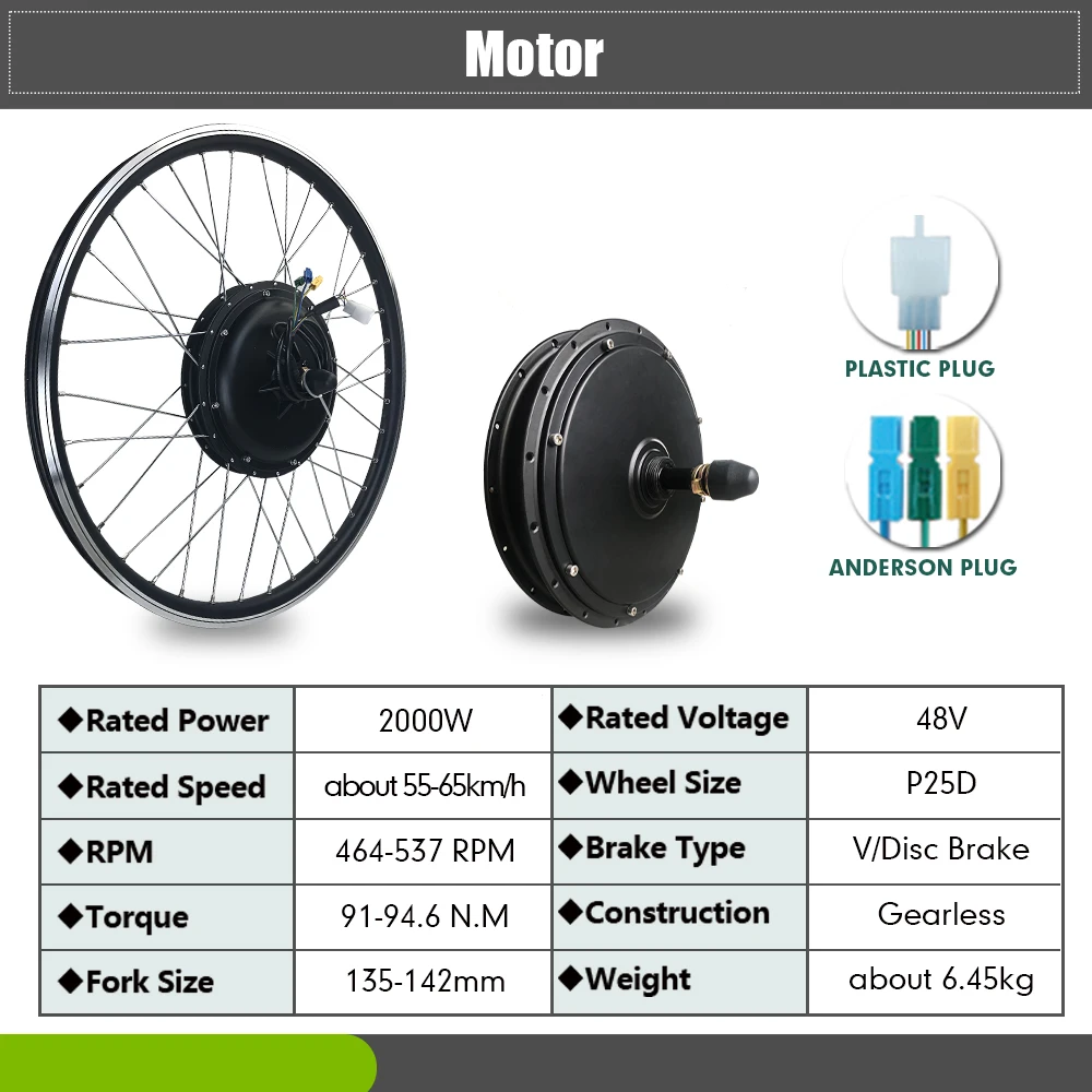 48V 2000W Ebike Bicicleta Rear Rotate Gearless Motor Conversion Kit with 20 24 26 27.5 28 29 Inch 700c Wheel KT 50A Controller