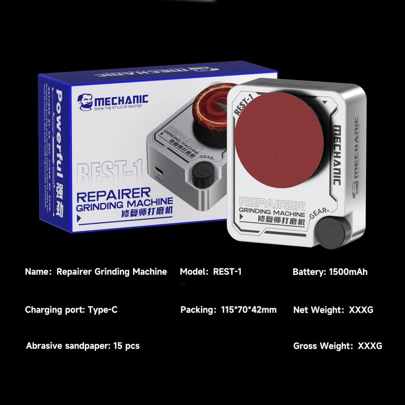 1500mAh Battery Grinding Machine with Type-C Port, 5 cm Sanding Disc and 15 Sanding Papers for Detail Repair and Small Part Poli