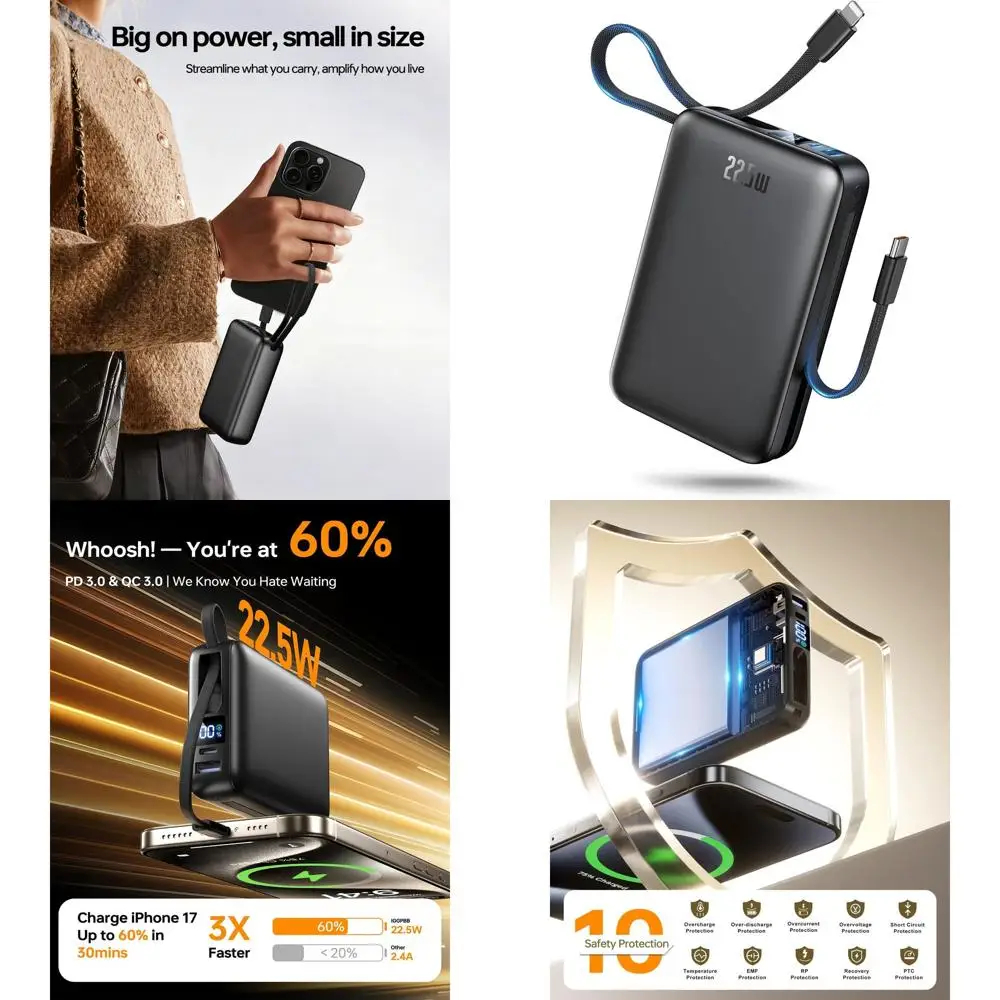 

Портативное зарядное устройство (Power Bank) на 50 000 мАч с двумя кабелями, быстрая зарядка 22,5 Вт для iPhone, iPad, MacBook, устройств Android