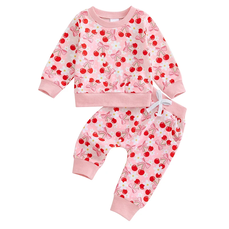 Baby Girl Fall Outfits Long Sleeve Fruit Bow Print Sweatshirt Pants Set Toddler Clothes