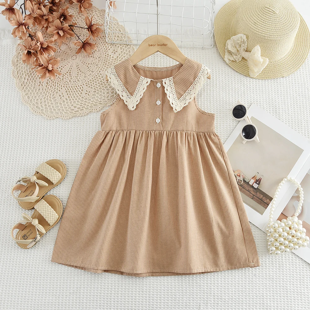 Casual Landschaft Stil Sommer Neue Spitze Revers Ärmelloses Plaid Kleid für Mädchen Süße Kleidung Koreanische Version – Detail 15