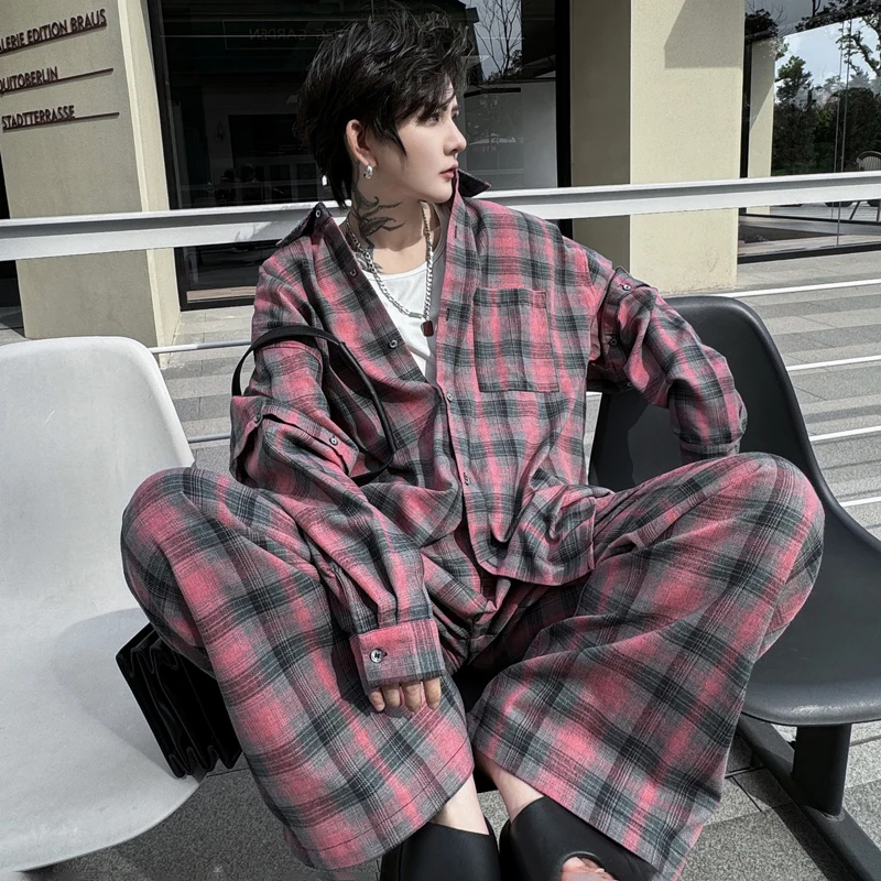 LUZHEN Stylish Detachable Sleeve Design Plaid Printed Two-piece Sets 2024 New Trendy Loose Straight Pants Men\'s Shirts LZ2424