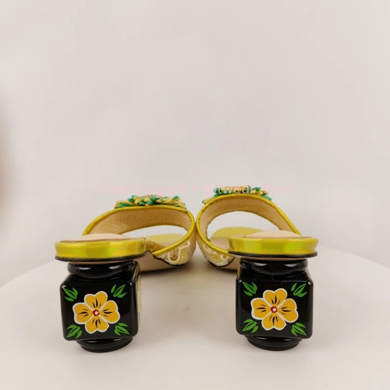 Pink Embroider Sunflower Decor Square Slippers Women Open Toe Block Heel Mule Sandals Fashion Trendy Beach Vacation Summer Shoes