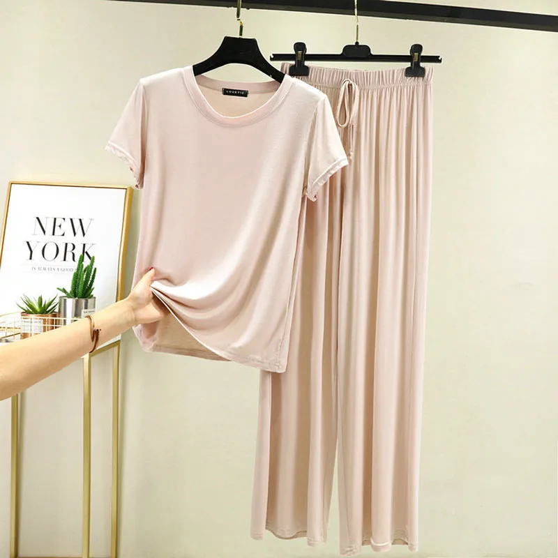 女性用半袖コットンパジャマ,ゆったりとしたワイドレッグパンツ,カジュアル,家庭用,薄手,中年および高齢者用,2ピース,夏