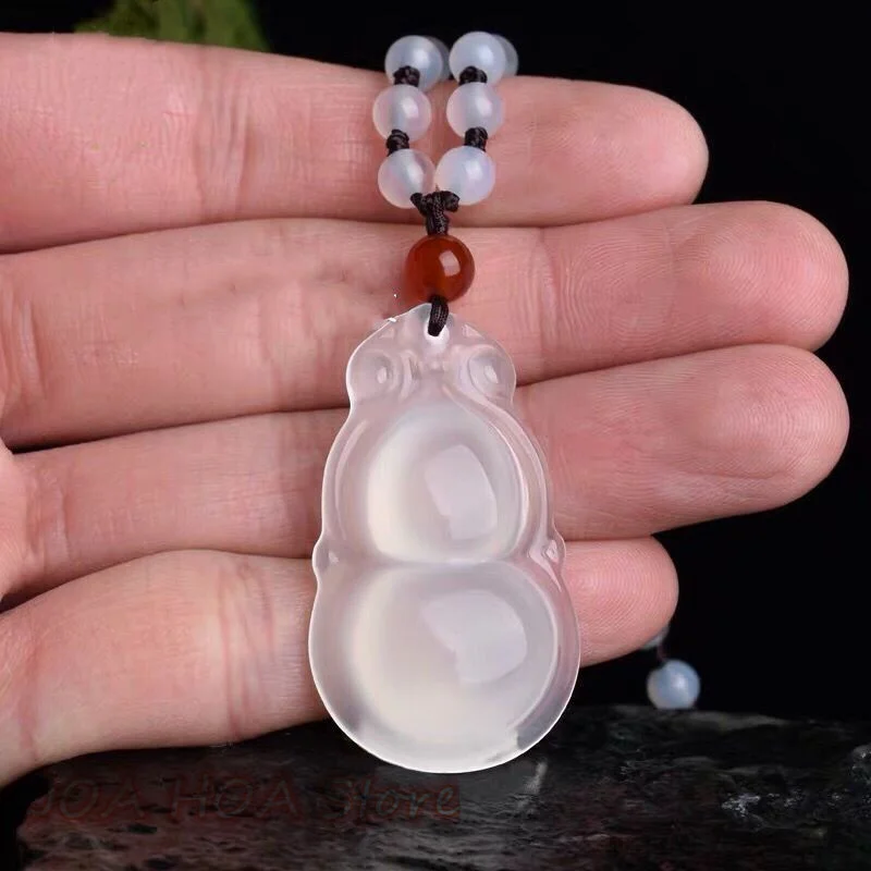 High Ice Brazilian White Chalcedony Double-sided Gourd Sweater Chain Pendant Agate Fulu Jade Beads-chain