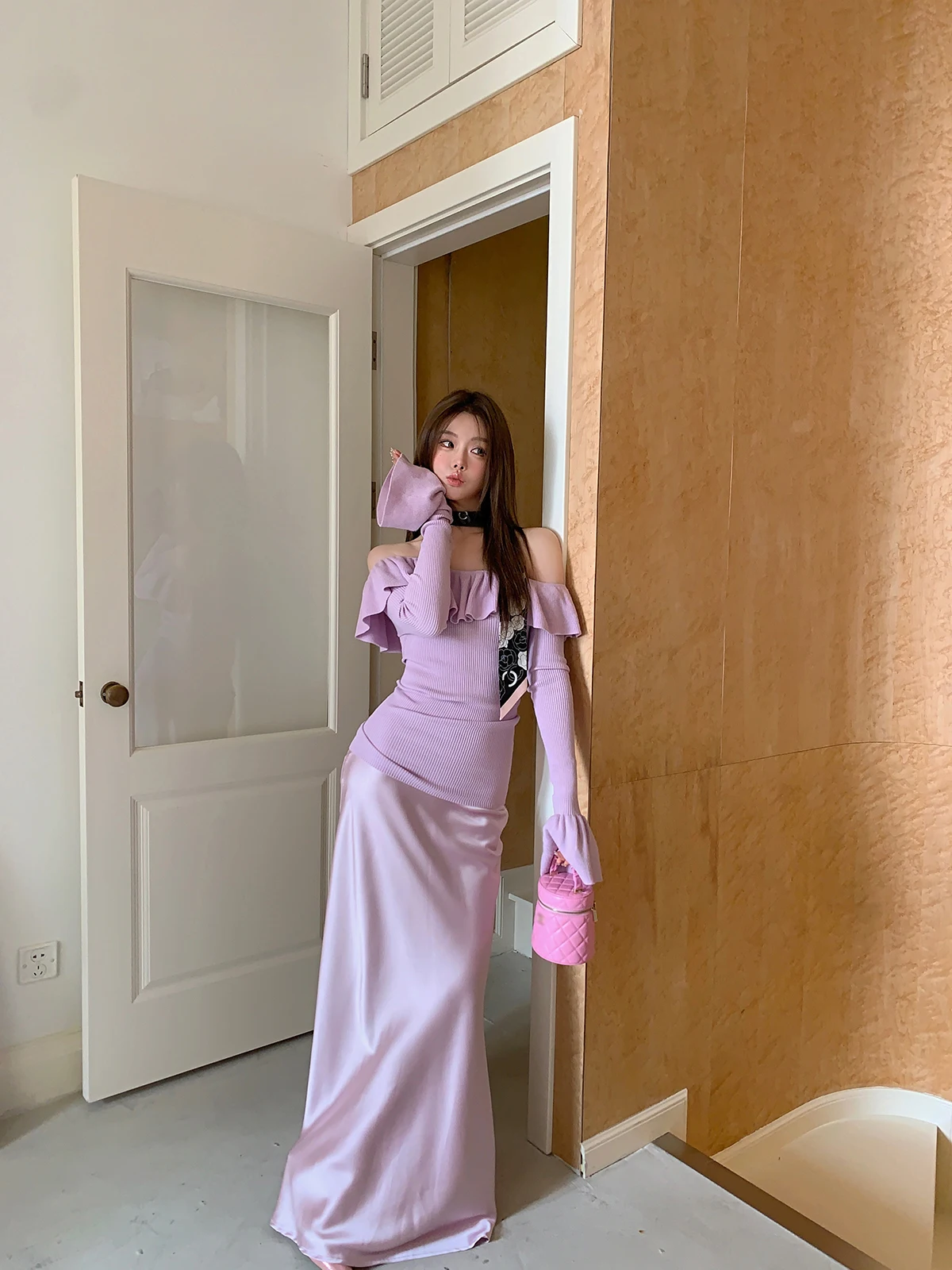 

Satin Face flight Texture Simple Drapey Long Fi Tail Skirt Korean Sle Commute Pure Color Polyester Fabric Long Skirt