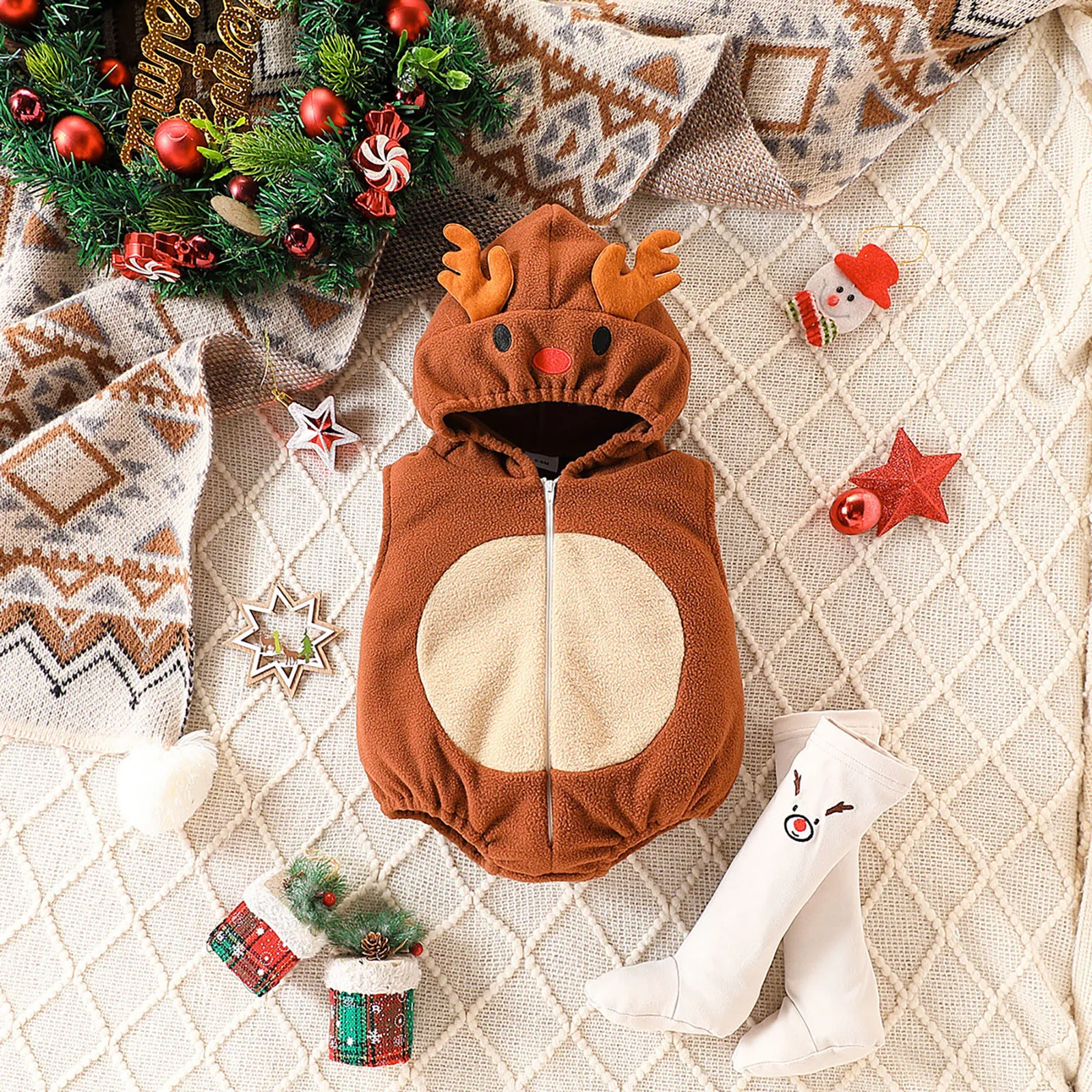 0-24M Newborn Baby Deer Cosplay Costume Sleeveless Hooded Zipper Romper With Leg Warmers Christmas Bodysuit For Boys And Girls