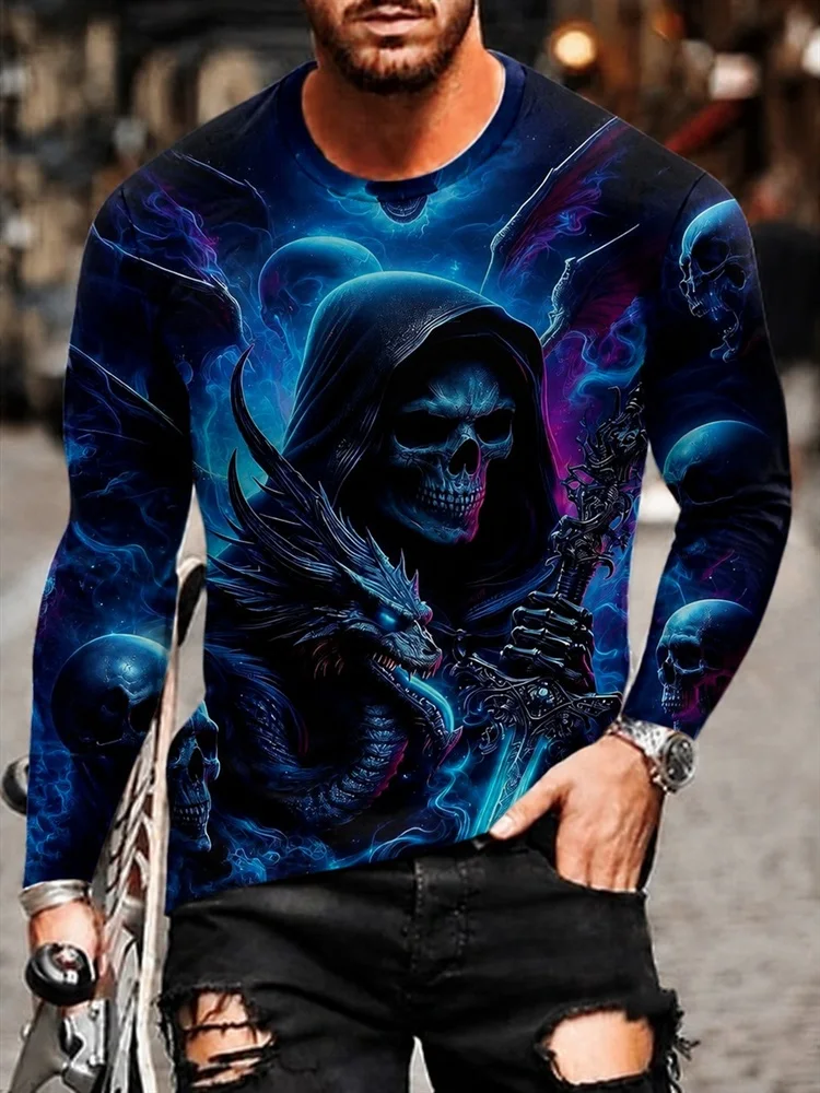 Men's Skull Hood Long Sleeve T-Shirt Yellow Hoodie Purple Scarf Bone Necklace Graphic Tee Pullover Tops Gift Dark Fantasy