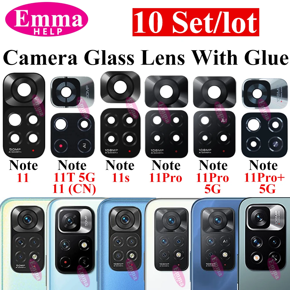 Juego de lentes de cristal para cámara trasera de Xiaomi Redmi Note 13 Pro Plus 13Pro 4G 12 12 Pro 11s 12s 11T 5G con pegamento adhesivo, 10 unidades