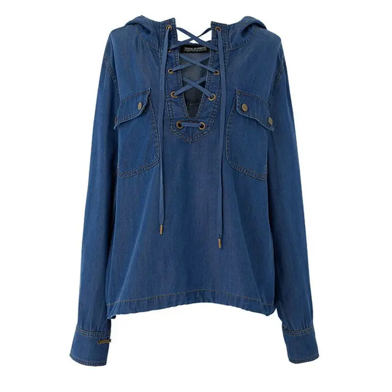 Oversized Blouses Hooded Bandage Pockets Patchwork Solid Color Shirts Casual Loose Fashion Vintage Denim Tops Women Clothes 2023