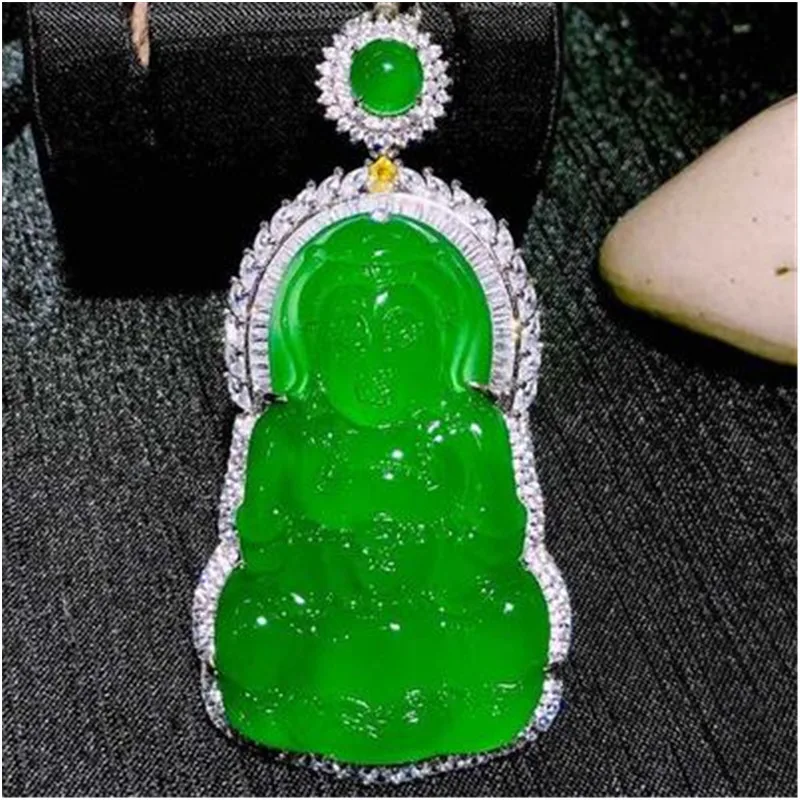 

Natural Agate Green Pendant Guan Yin Buddha With 925 Sterling Silver Necklace Jadeite Jade Jewelry Exquisite Unisex Accessories