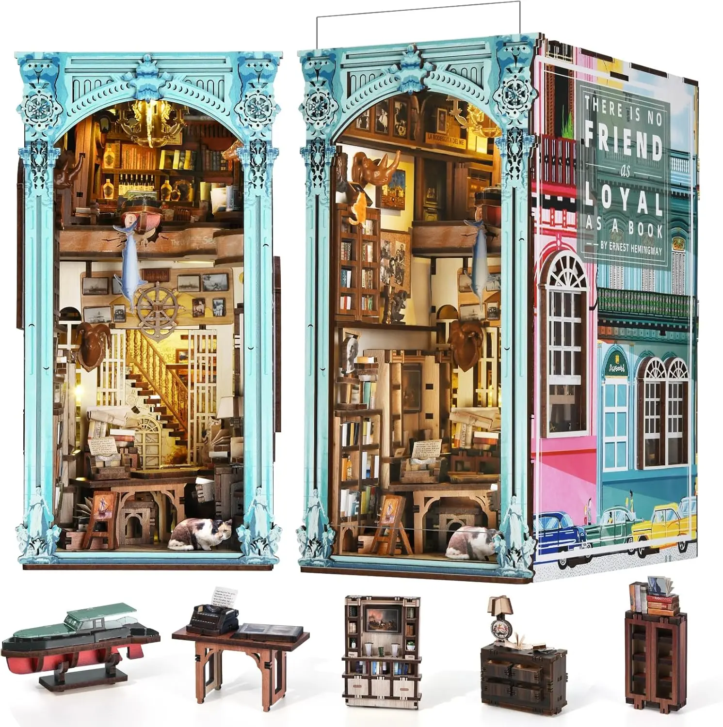 Hemingway House Book Nook Kit, 3D Wooden Bookshelf Puzzle with LED | Create Hemingway's study for display; LED, dust cover, glue