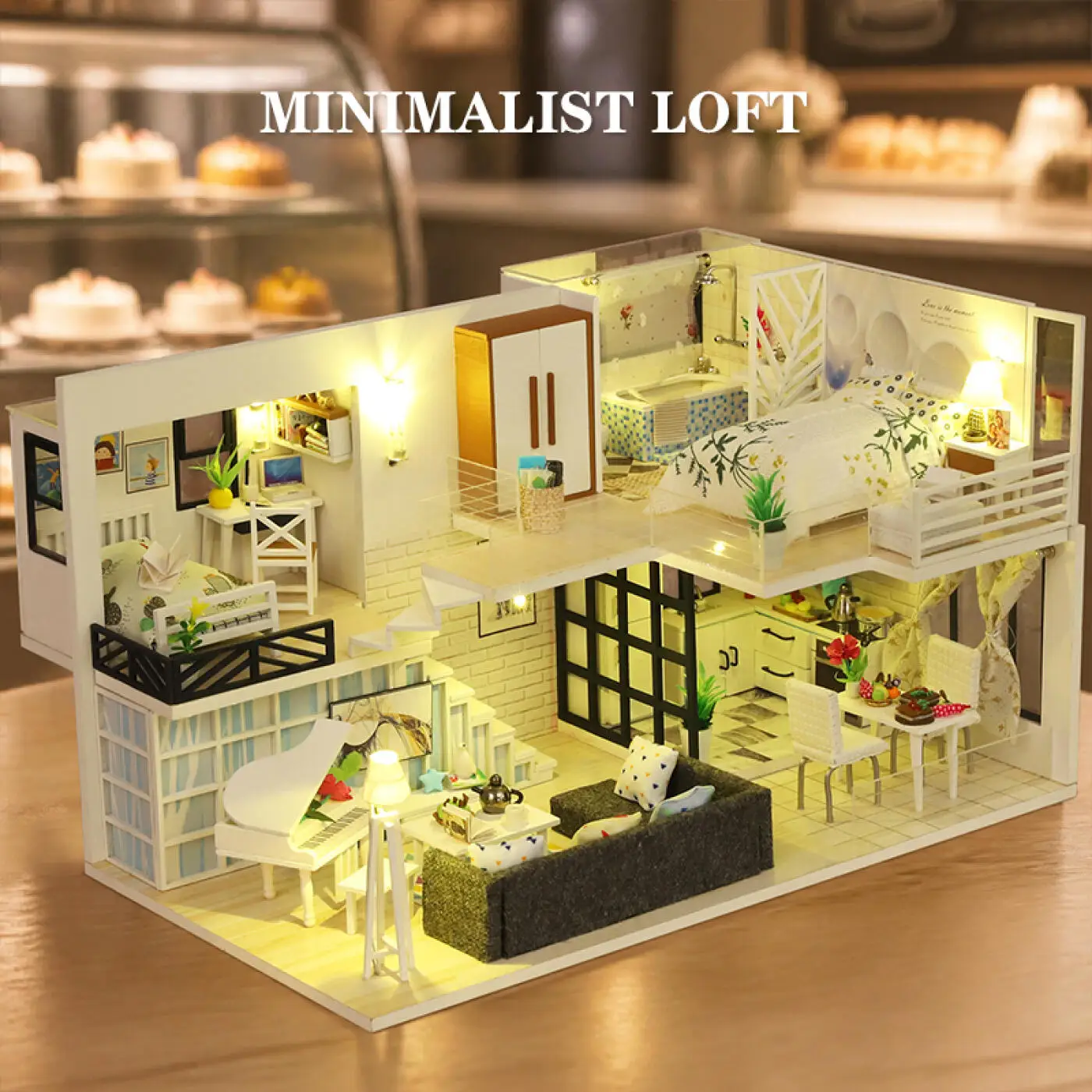 DIY Wooden Duplex Cabin 3D Miniature House with LED Puzzle Building Kit with Furniture Handmade Creative Craft Gift for Adult