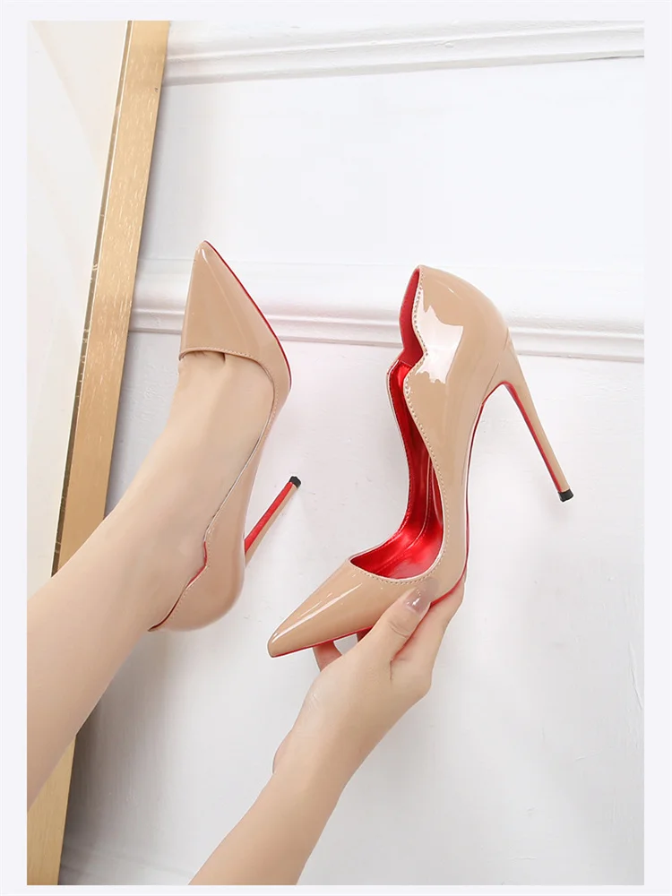 Newly Women Sexy Elegant Pumps Stilettos Glossy Patent Side V Cut High Heels Pointed Toe Party Curl Cut Celebrity Shoes Size 46