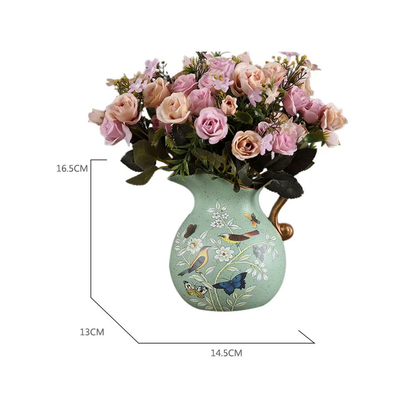 European Ceramic Vase Hand Painted Little Bird Peony Living Room Dried Flowers Organizer Home Desktop Small Teapot Flower Vases