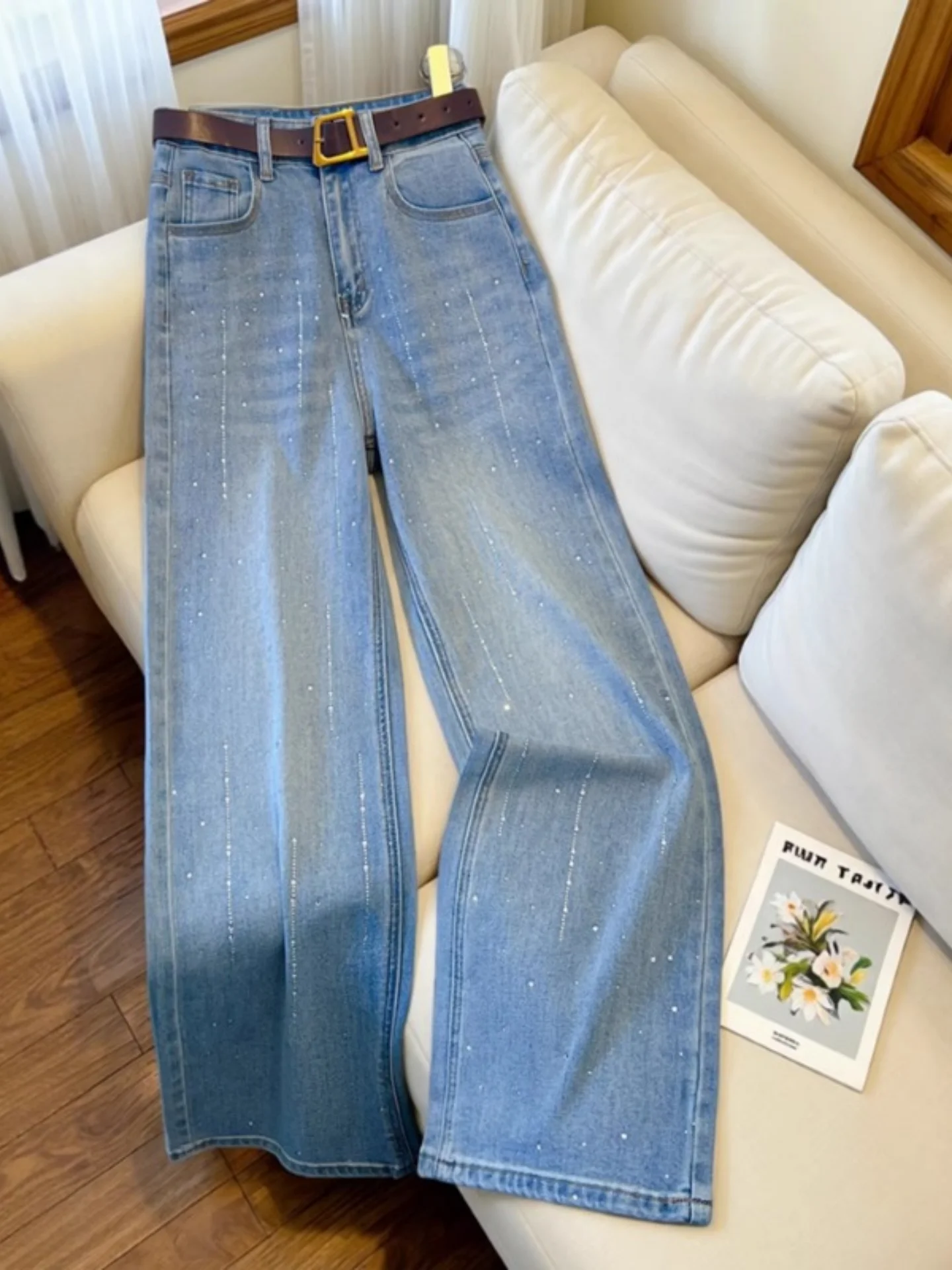 

Light Blue Rhinestone Embellished Straight Leg Denim Jeans Women's Spring 2026 New Flashing Wide Leg Pants High Waist Cotton
