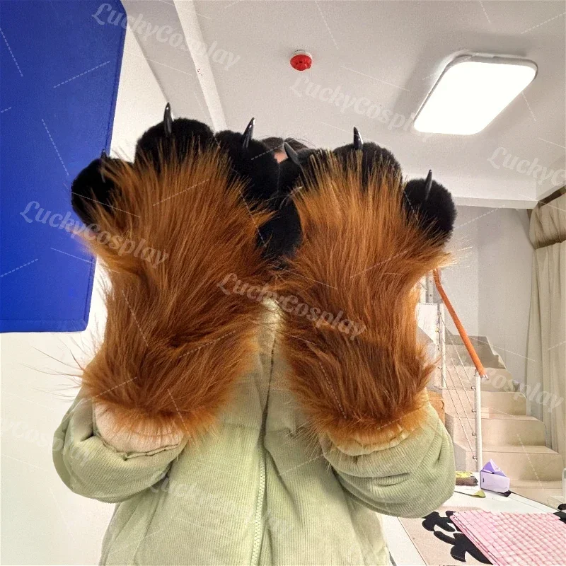 Furry Cat Squawk Paws Gloves Fursuit Cosplay Kigurumi Cartoon Plush Animal Nail Claws Full Finger Mittens Story Tell Original